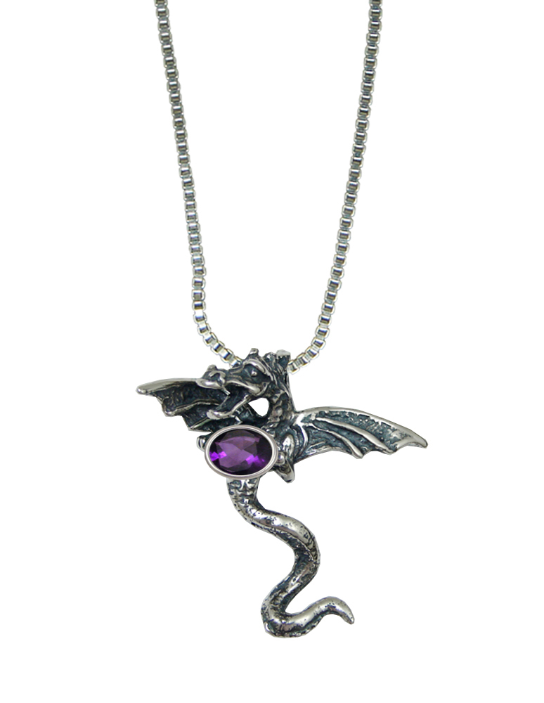 Sterling Silver Dramatic Dragon Pendant With Faceted Amethyst